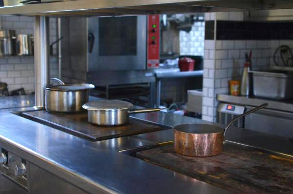 Pots in working restaurant kitchen.