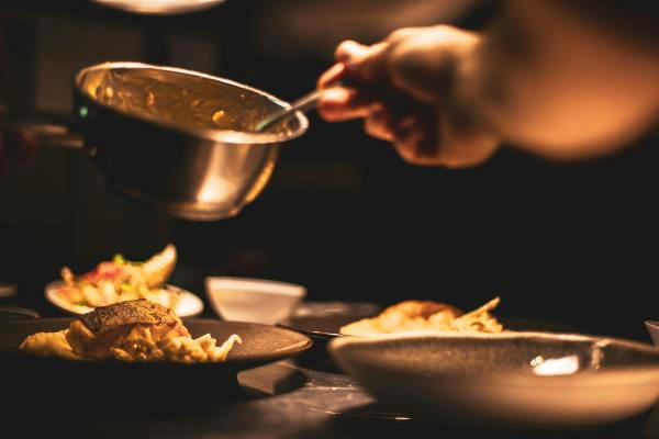 Dishes prepared in restaurant kitchen