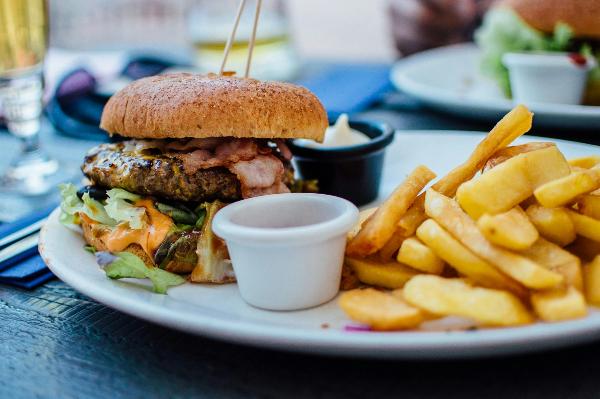 Hamburger and fries restaurant meal