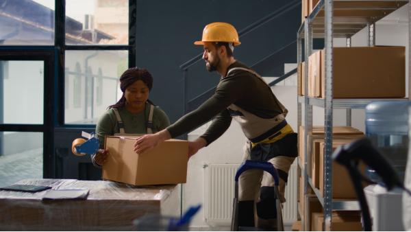 Woman lifting box in warehouse